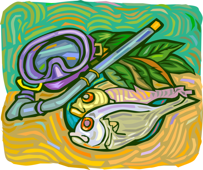 Vector Illustration of Snorkel and Mask Dive Equipment with Fish