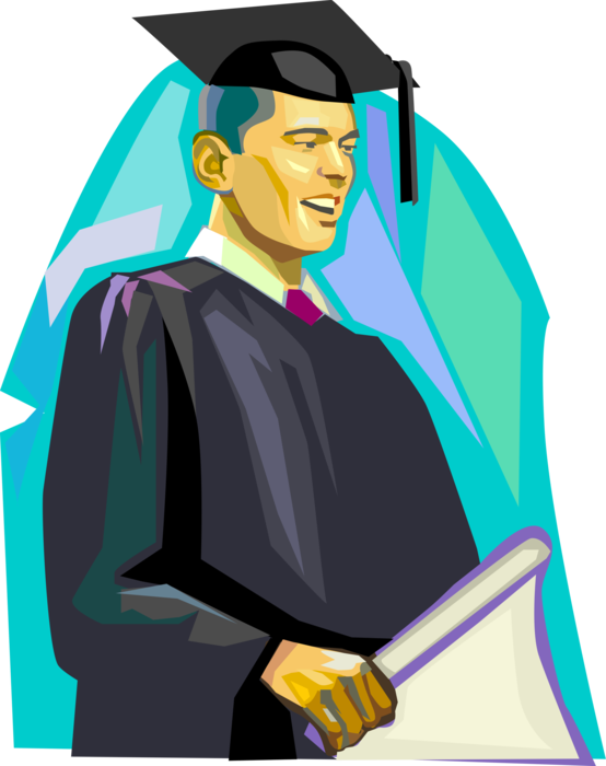Vector Illustration of Graduate Student in Mortarboard Cap Graduating University or College with Diploma
