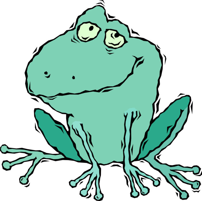 Vector Illustration of Amphibian Frog Portrayed as Benign, Ugly, and Clumsy Just Ate Bug