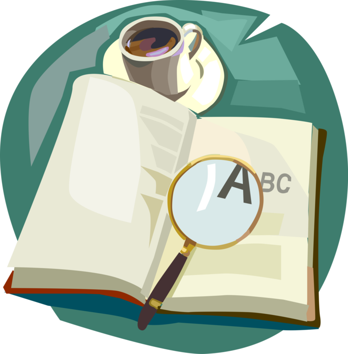 Vector Illustration of Magnification Through Convex Lens Magnifying Glass with Book and Coffee