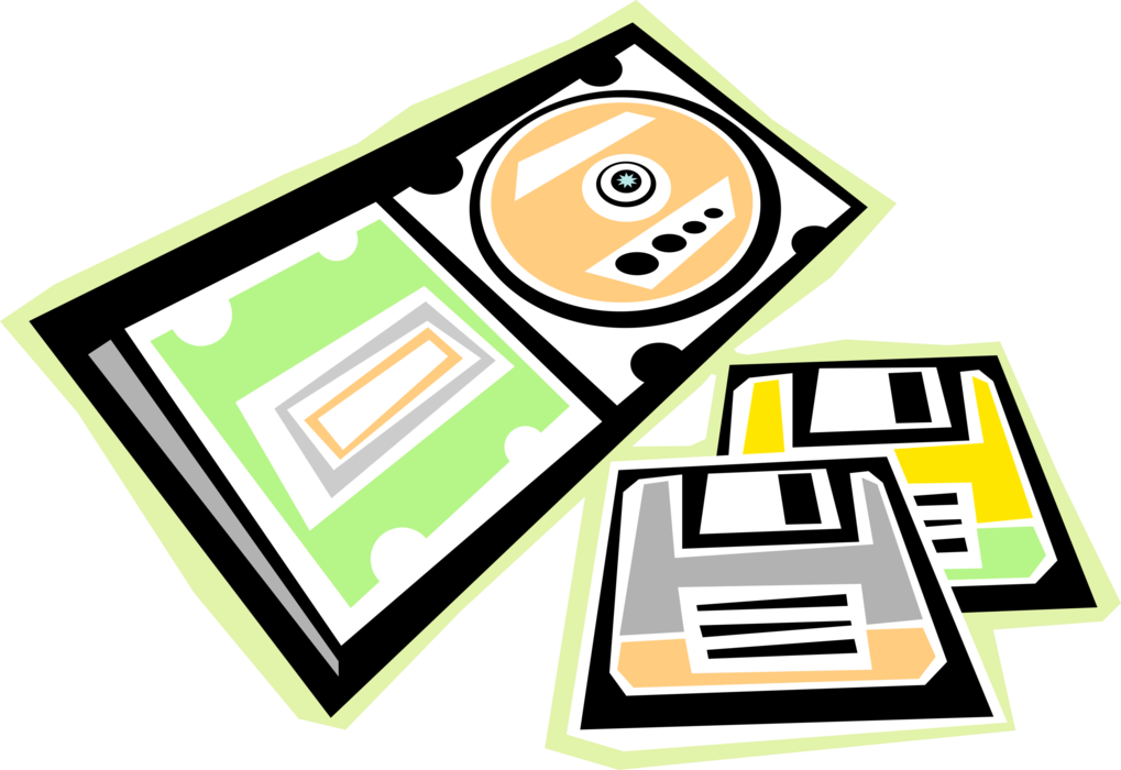 Vector Illustration of CD ROM Compact Disc with Floppy Disks Digital Storage Media