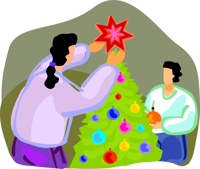 Vector Illustration of Decorating Christmas Tree with Star and Ornaments