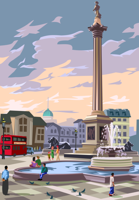 Vector Illustration of Nelson's Column Monument, Trafalgar Square, London Commemorates Admiral Horatio Nelson