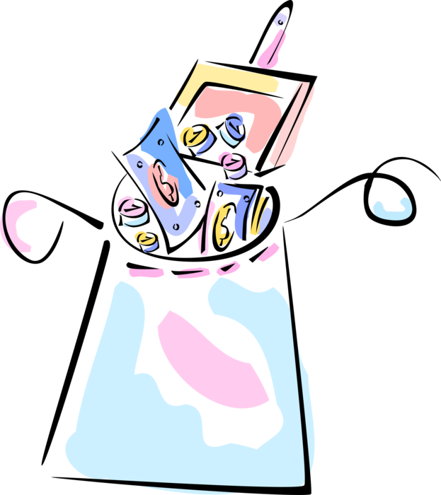 Vector Illustration of Dustpan Empties Spare Change and Cash Money in Money Bag