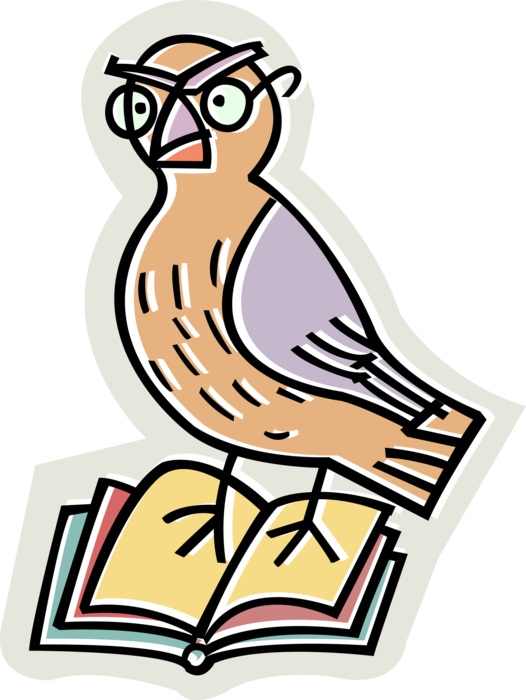 Vector Illustration of Astute, Educated Feathered Bird with Glasses and Book