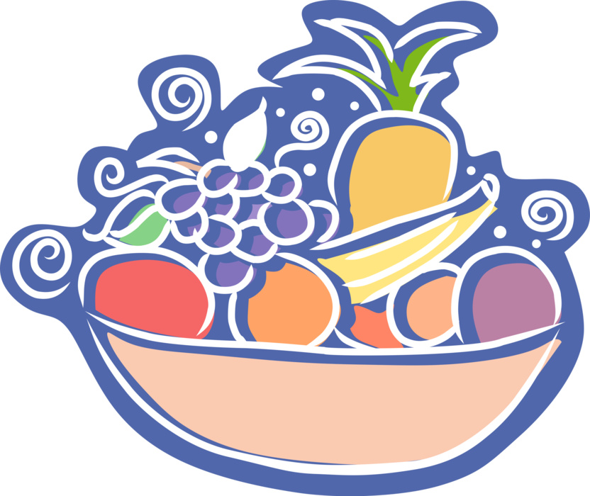 Vector Illustration of Bowl of Fresh Fruit with Grapes, Citrus Oranges, Apples and Pineapple