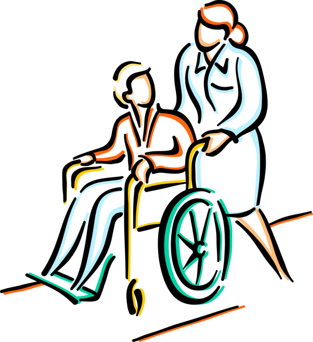 Vector Illustration of Health Care Nurse Pushes Hospital Patient in Handicapped or Disabled Wheelchair
