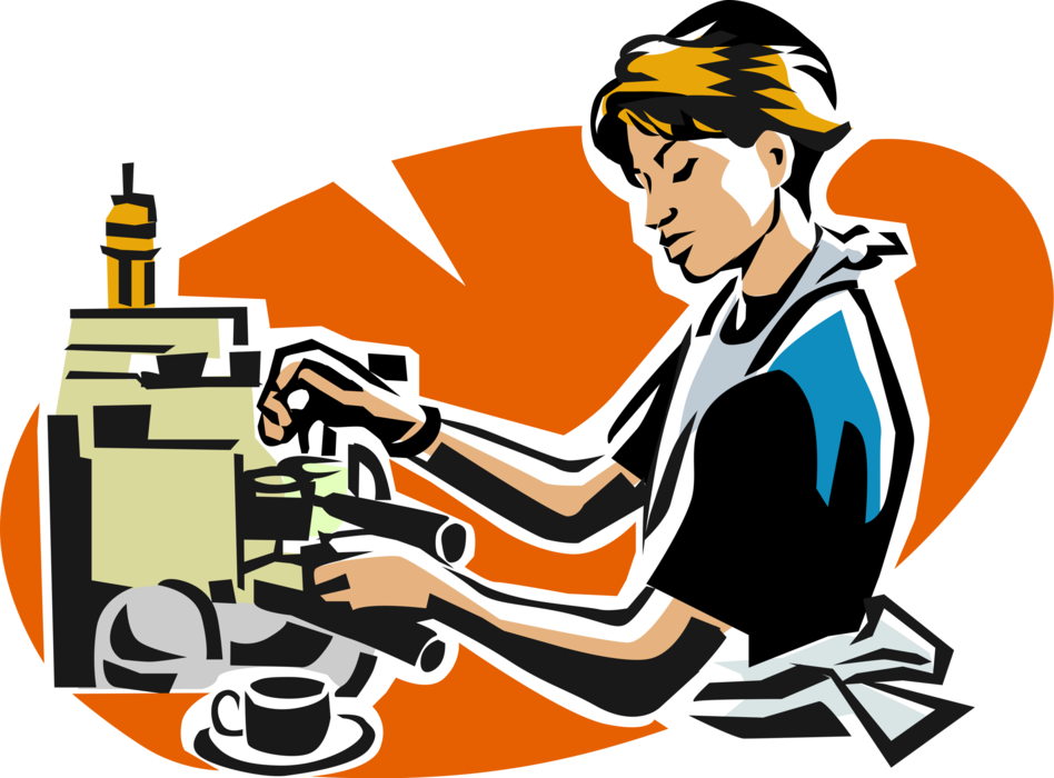 Vector Illustration of Coffeehouse Barista Makes Cappuccino Espresso-Based Coffee Drinks with Coffeemaker