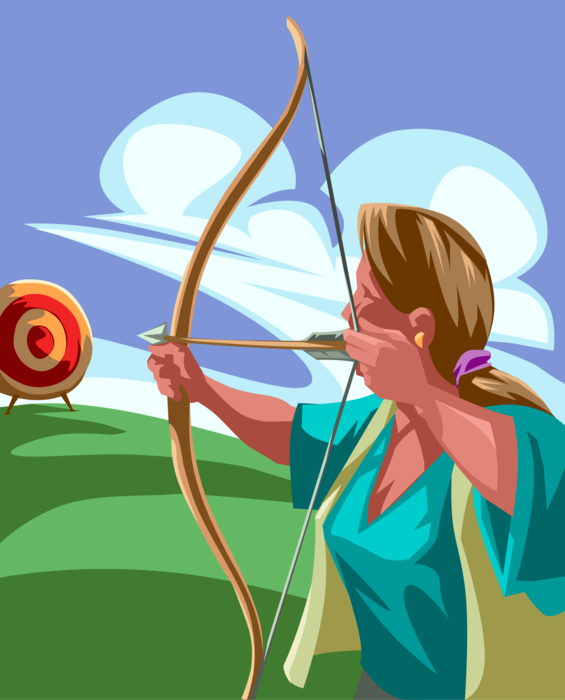 Vector Illustration of Archery Archer Shooting Bow and Arrow at Bullseye or Bull's-Eye Target