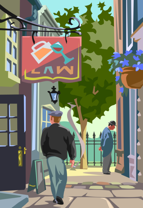 Vector Illustration of Neighborhood Street Pub with Patron Walking, London, England