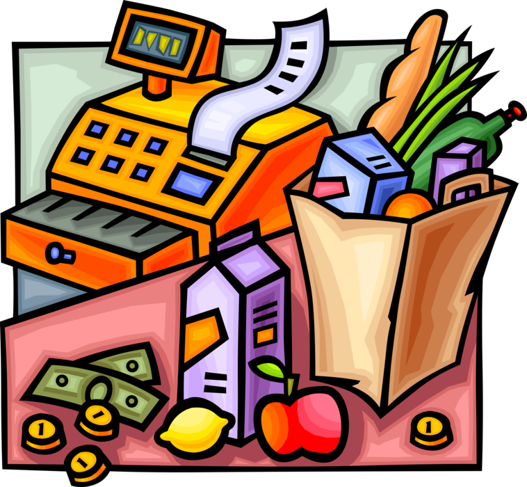 Vector Illustration of Grocery Shopping Groceries at Supermarket with Cash Register and Money