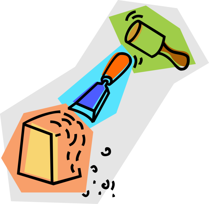 Vector Illustration of Wood Chisel and Rubber Mallet with Block of Wood