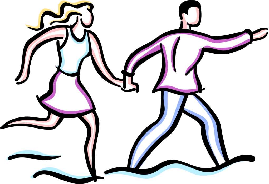 Vector Illustration of Romantic Couple Boyfriend and Girlfriend Running Holding Hands