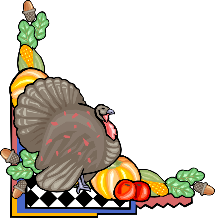 Vector Illustration of Thanksgiving Harvest Vegetables and Turkey