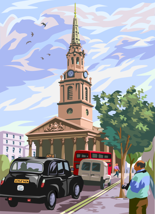 Vector Illustration of St Martin-In-The-Fields Church, London, England with Taxi and Double-Decker Bus