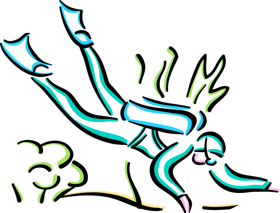 Vector Illustration of Scuba Diver Dives Coral Reef with Mask and Swimming and Diving Flipper Fins
