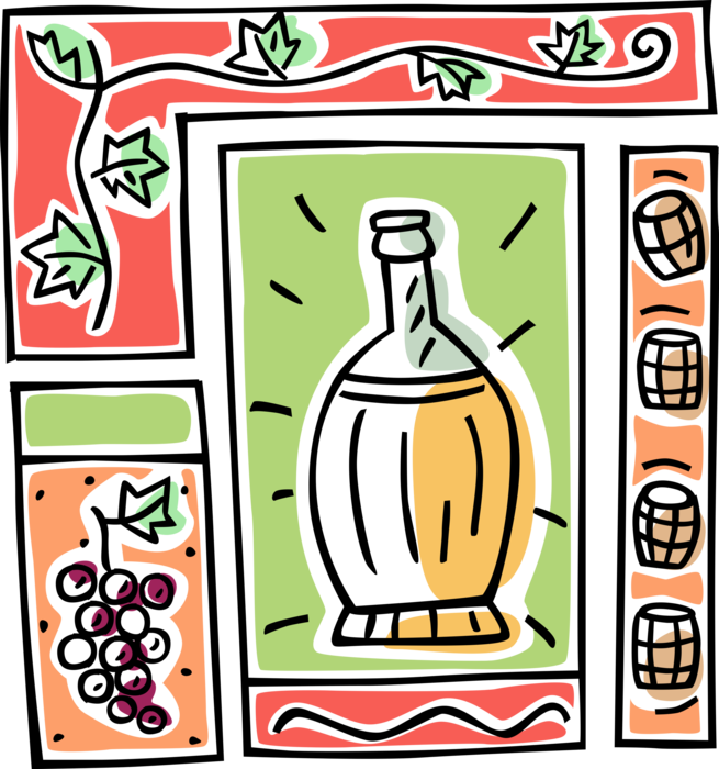 Vector Illustration of Winemaking Fruit Grapes, Vines, Wine Casks and Wine Bottle