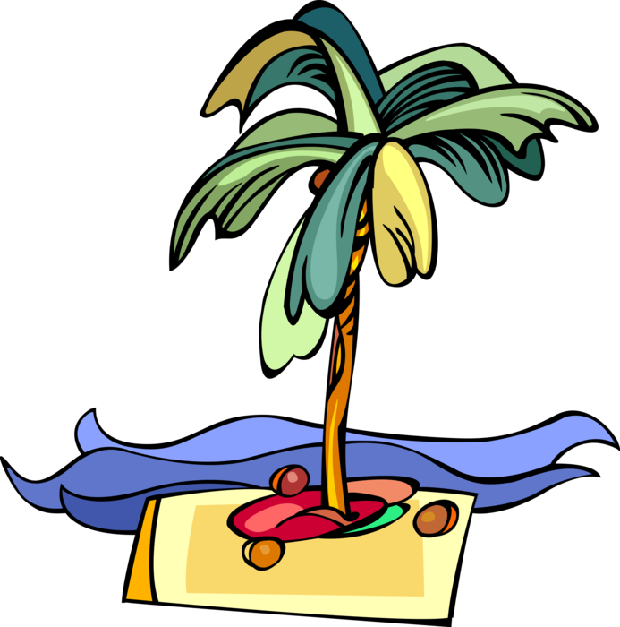 Vector Illustration of Arecaceae Palm Trees on Deserted Island with Coconuts