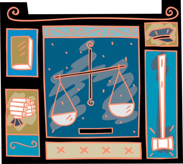 Vector Illustration of Justice Scales Weigh Evidence with Judge's Gavel