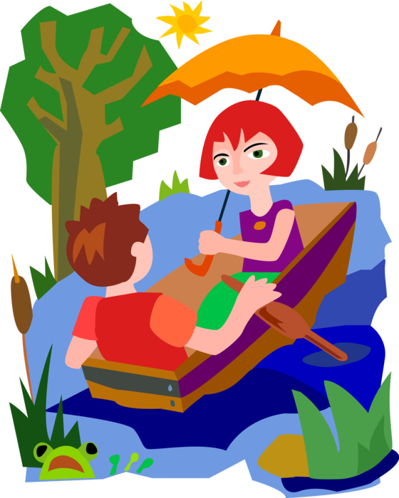 Vector Illustration of Couple in Row Boat on Lake with Sun Parasol