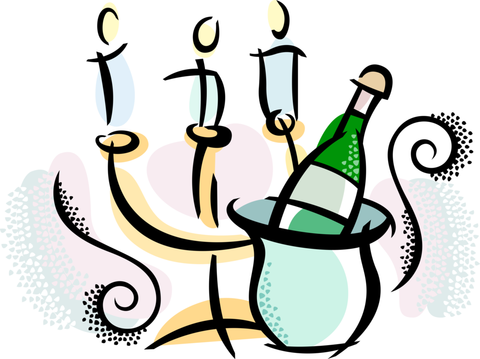 Vector Illustration of Champagne Carbonated Sparkling Wine Chilling in Ice Bucket with Candles in Candlestick Holder