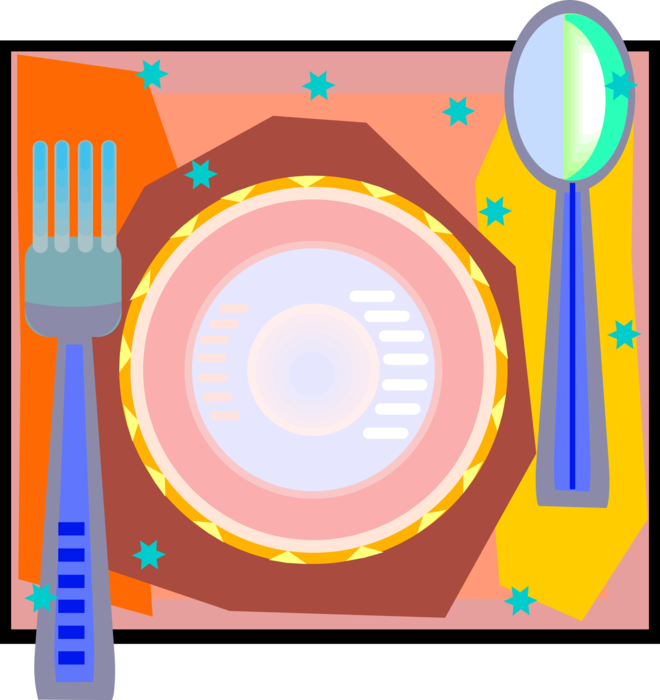 Vector Illustration of Table Place Setting Tableware with Plate, Spoon and Fork