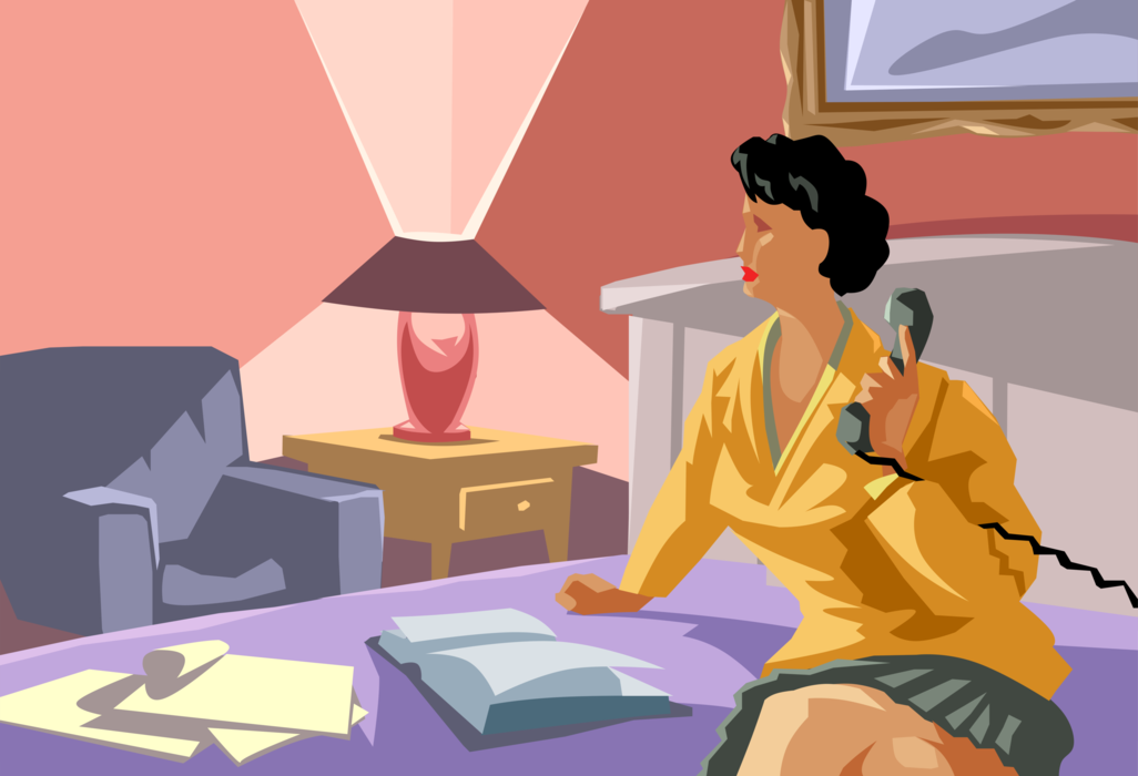 Vector Illustration of Business Travel Businesswoman on Telephone in Hotel Room