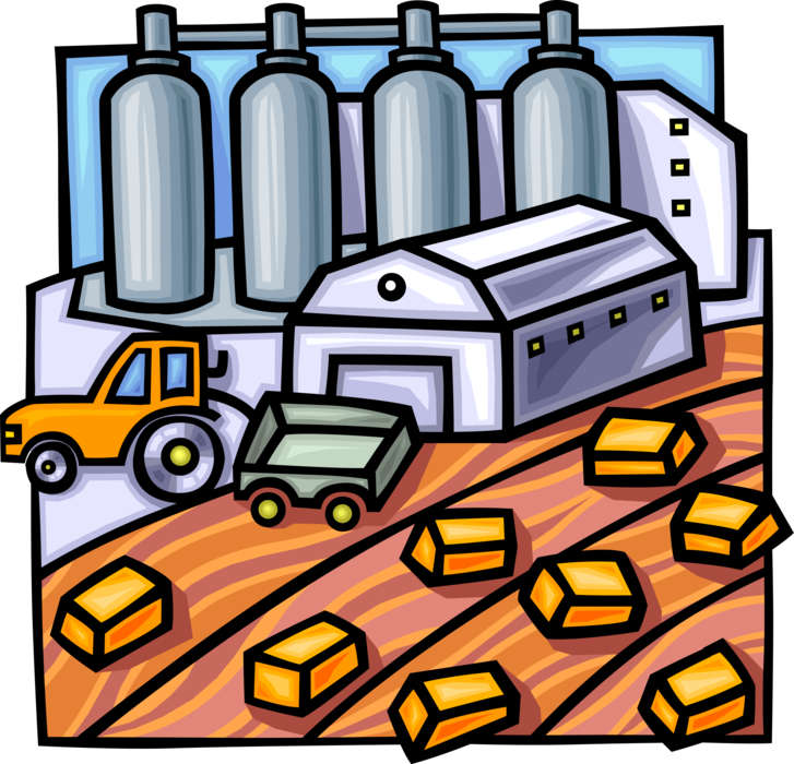 Vector Illustration of Farming Harvested Alfalfa Hay Crop Bales with Farm Barn and Grain Silos