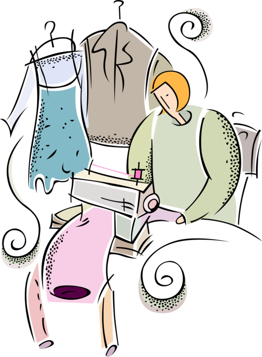 Vector Illustration of Fashion Industry Dressmaker Seamstress Sews Apparel Fabric at Sewing Machine