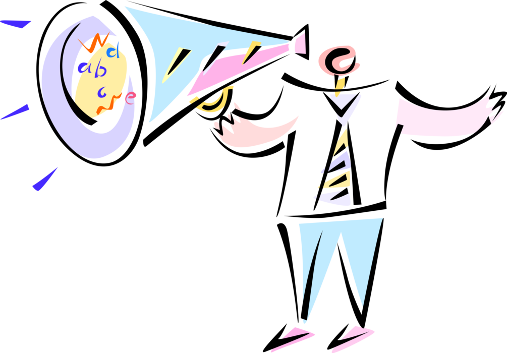 Vector Illustration of Broadcasting Business Message with Megaphone or Bullhorn to Amplify Voice