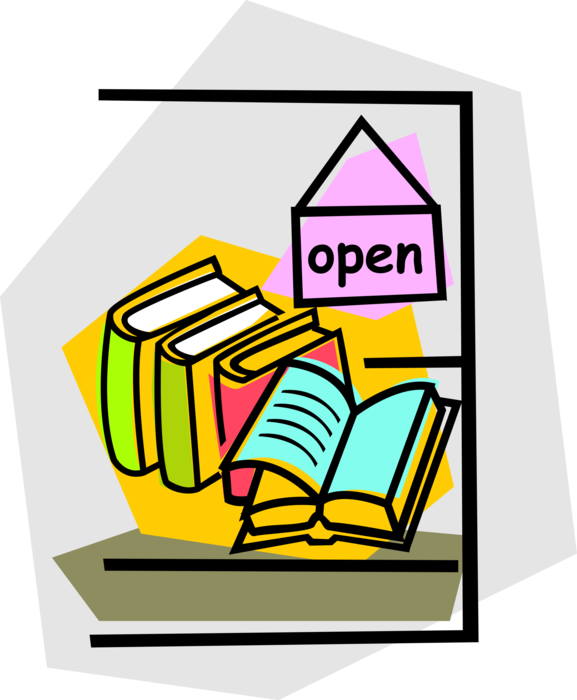 Vector Illustration of Retail Bookstore Display Window Open Sign with Books