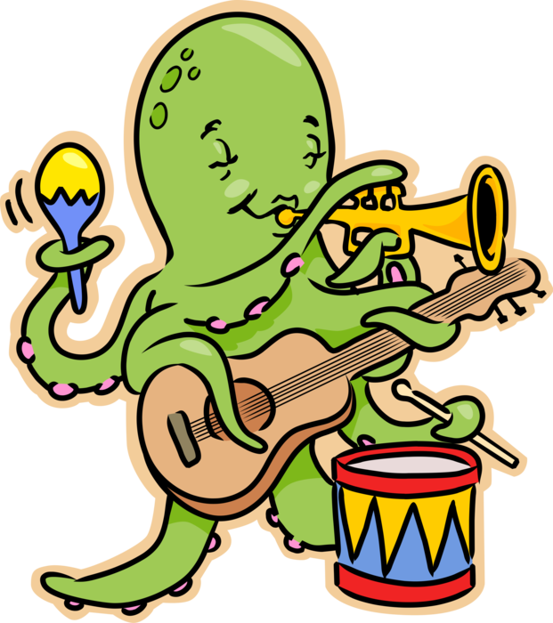 Vector Illustration of Giant Octopus Plays Guitar, Drum Set, Trumpet and Maracas
