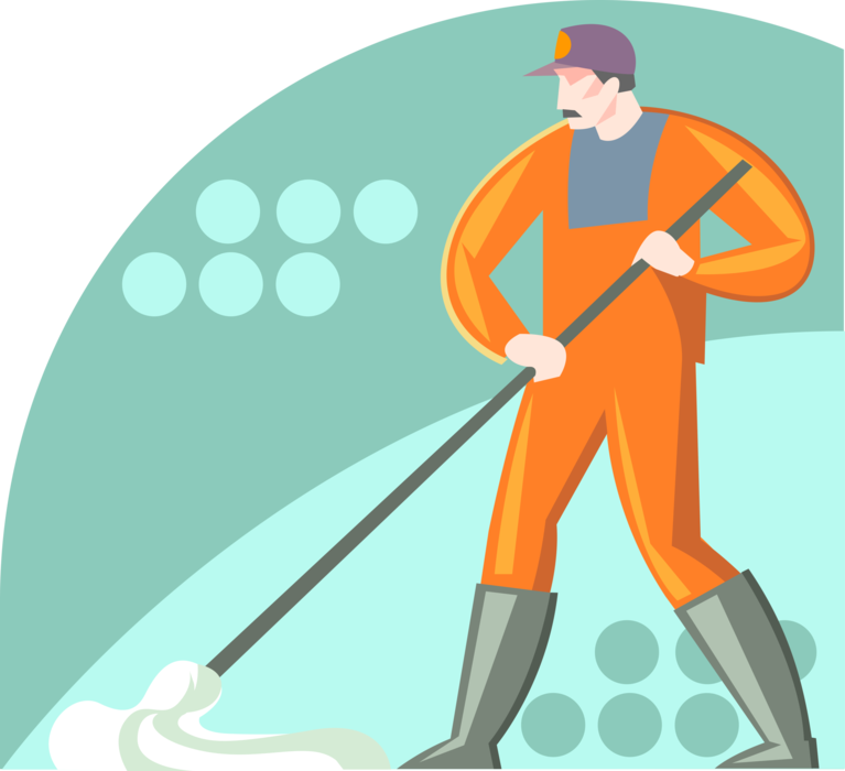 Vector Illustration of School Janitor Custodian's Mop and Pail Cleans the Floor