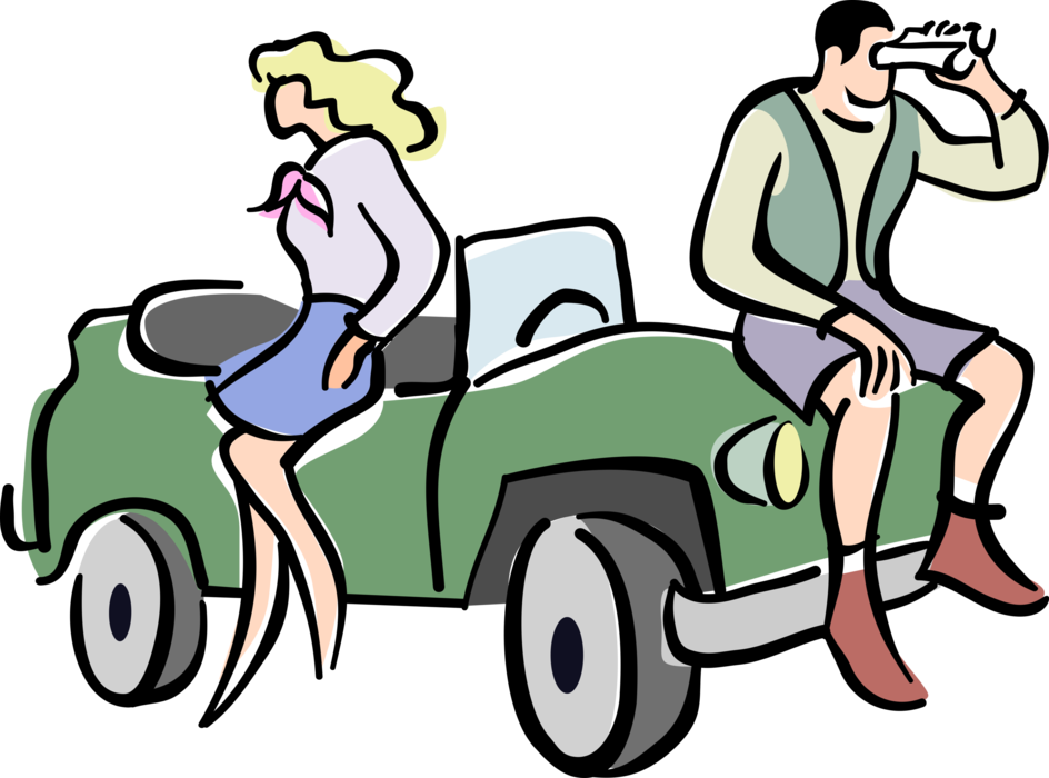 Vector Illustration of Tourists on Vacation with Motor Vehicle Car Looking Through Binoculars
