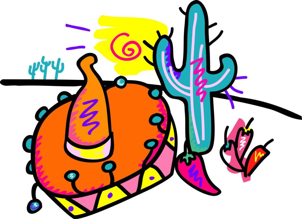Vector Illustration of Mexican Sombrero Hat, Desert Succulent Cactus and Hot Peppers