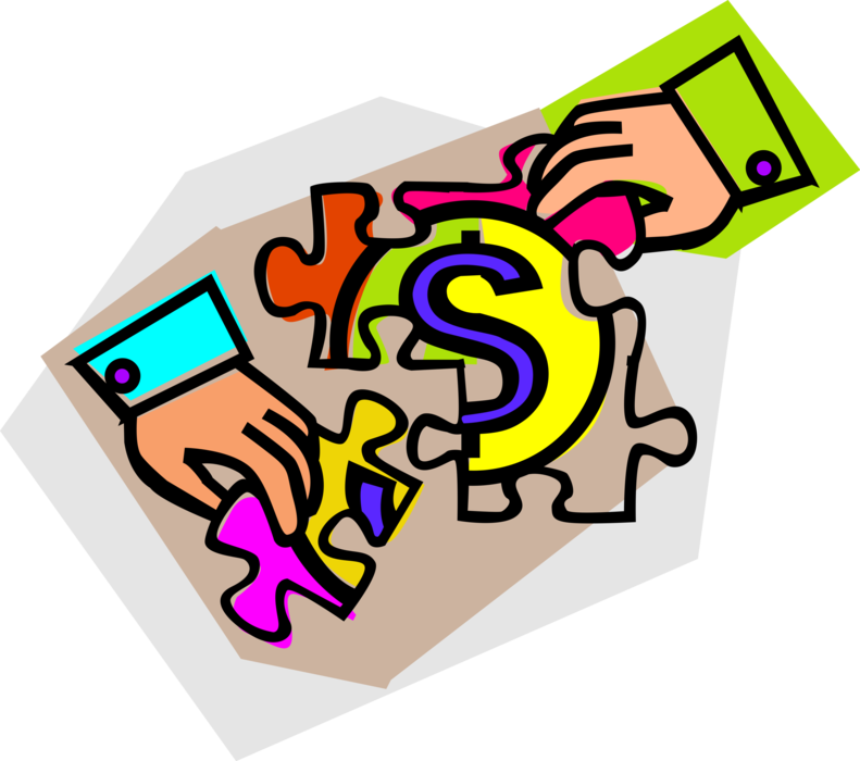 Vector Illustration of Hands Assemble Money Puzzle Pieces Tests Ingenuity or Knowledge
