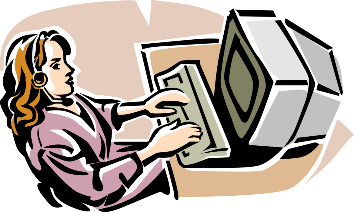 Vector Illustration of Telemarketing Representative Working at Computer Workstation