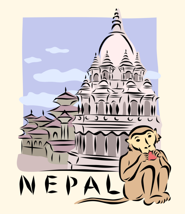 Vector Illustration of Patan Durbar Square Temple in City of Lalitpur with Monkey, Nepal 