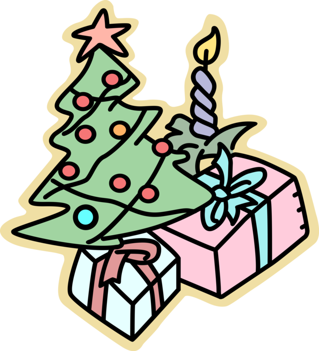Vector Illustration of Festive Season Christmas Tree with Presents and Candle