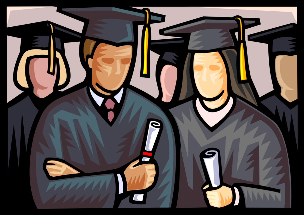 Vector Illustration of Student Graduates with Mortarboard Caps and Diplomas on School Graduation Day