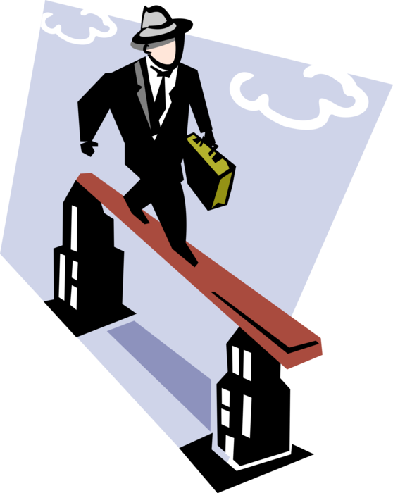 Vector Illustration of Businessman Walks on Balance Beam Between Two Buildings