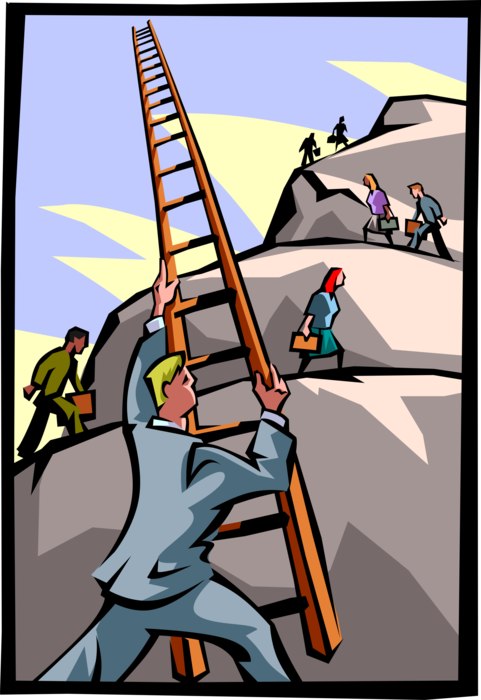 Vector Illustration of Businessman Mountain Climber Uses Ingenuity and Ladder to Beat Competitors