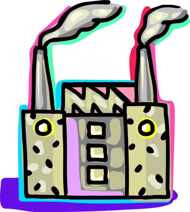 Vector Illustration of Industrial Manufacturing Factory Building with Smokestack Pollution