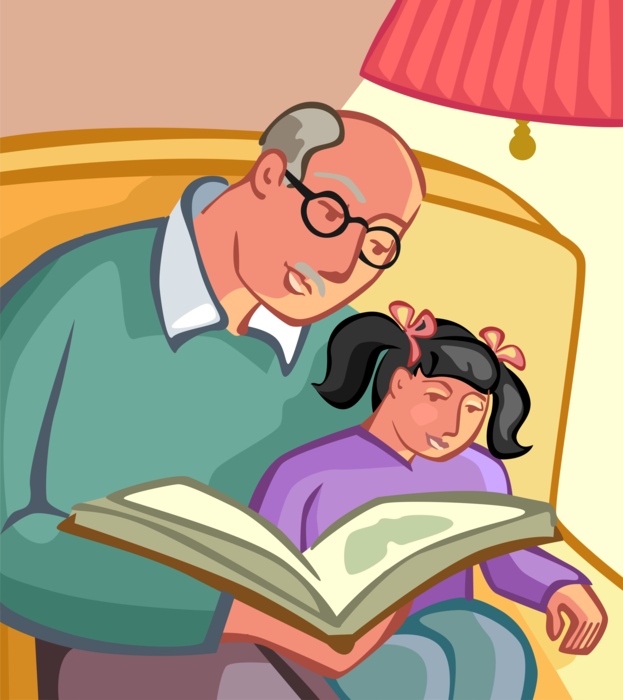 Vector Illustration of Grandparent Grandfather Reads Book to Grandchild 