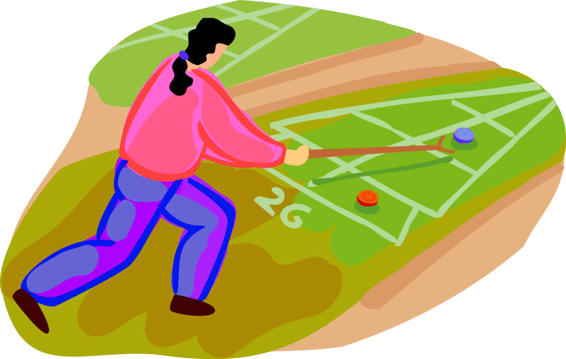 Vector Illustration of Shuffleboard Player Uses Cue to Push Weighted Discs Down Elongated Court