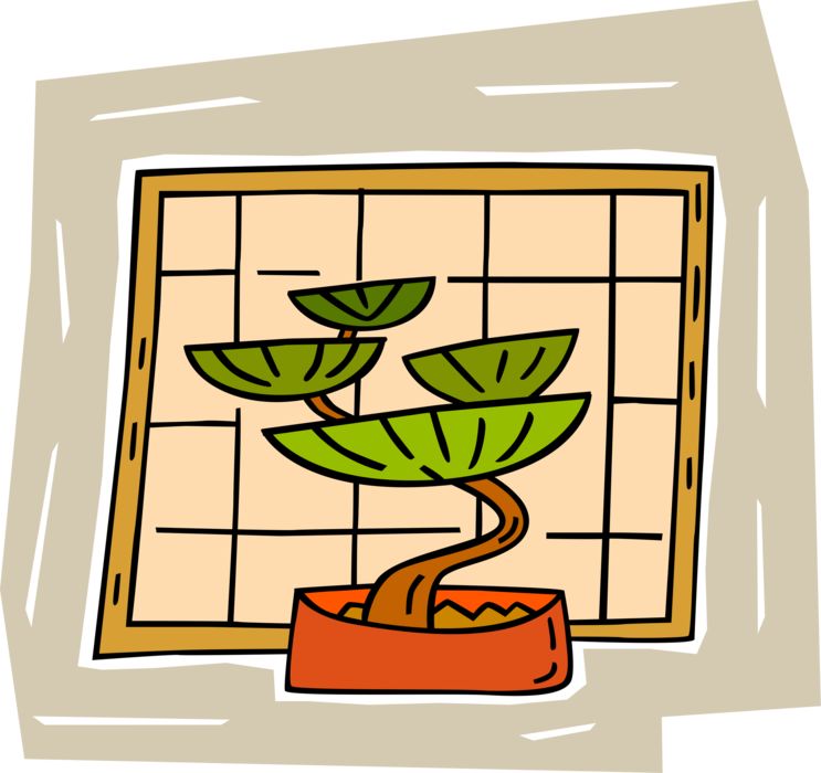 Vector Illustration of Japanese Exotic Miniature Bonsai Dwarf Potted Tree 