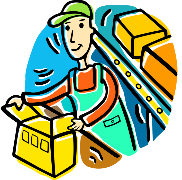 Vector Illustration of Manufacturing Industry Factory Worker Packages Product with Conveyor Belt