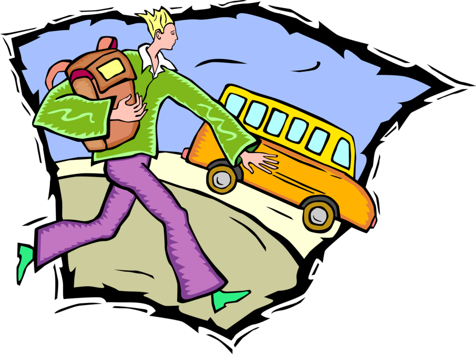 Vector Illustration of Student Runs to Catch Schoolbus with Knapsack Schoolbag