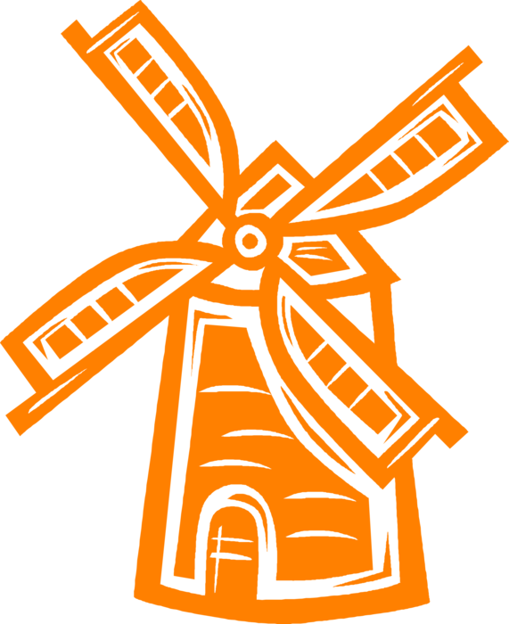 Vector Illustration of Dutch Windmill in The Netherlands, Holland used to Mill Grain, Pump Water