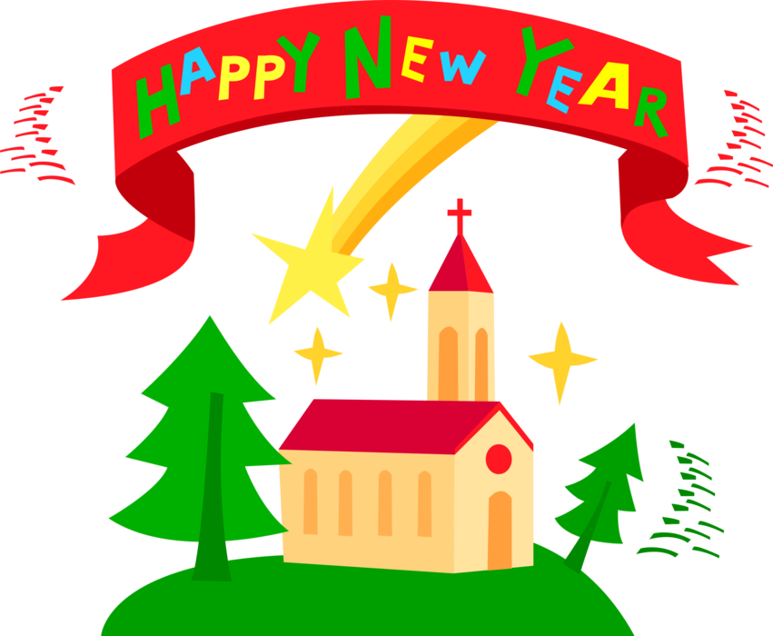 Vector Illustration of Happy New Year Banner with Christian Church